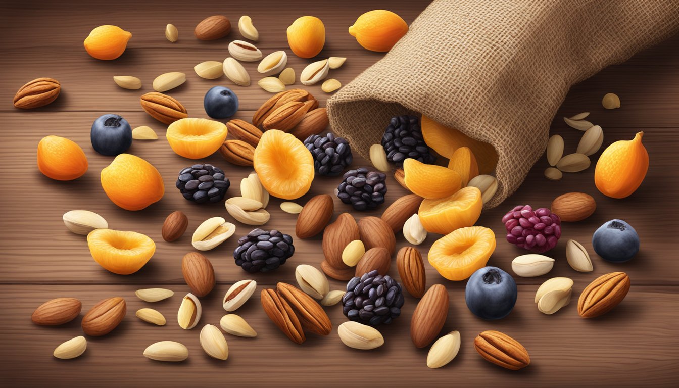 A colorful assortment of dried fruits, nuts, and seeds spills out of a rustic, burlap sack onto a wooden table