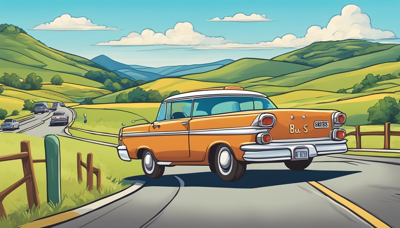 A car on a road trip with a "Buc-ee's or Bust" bumper sticker, surrounded by rolling hills and a bright blue sky