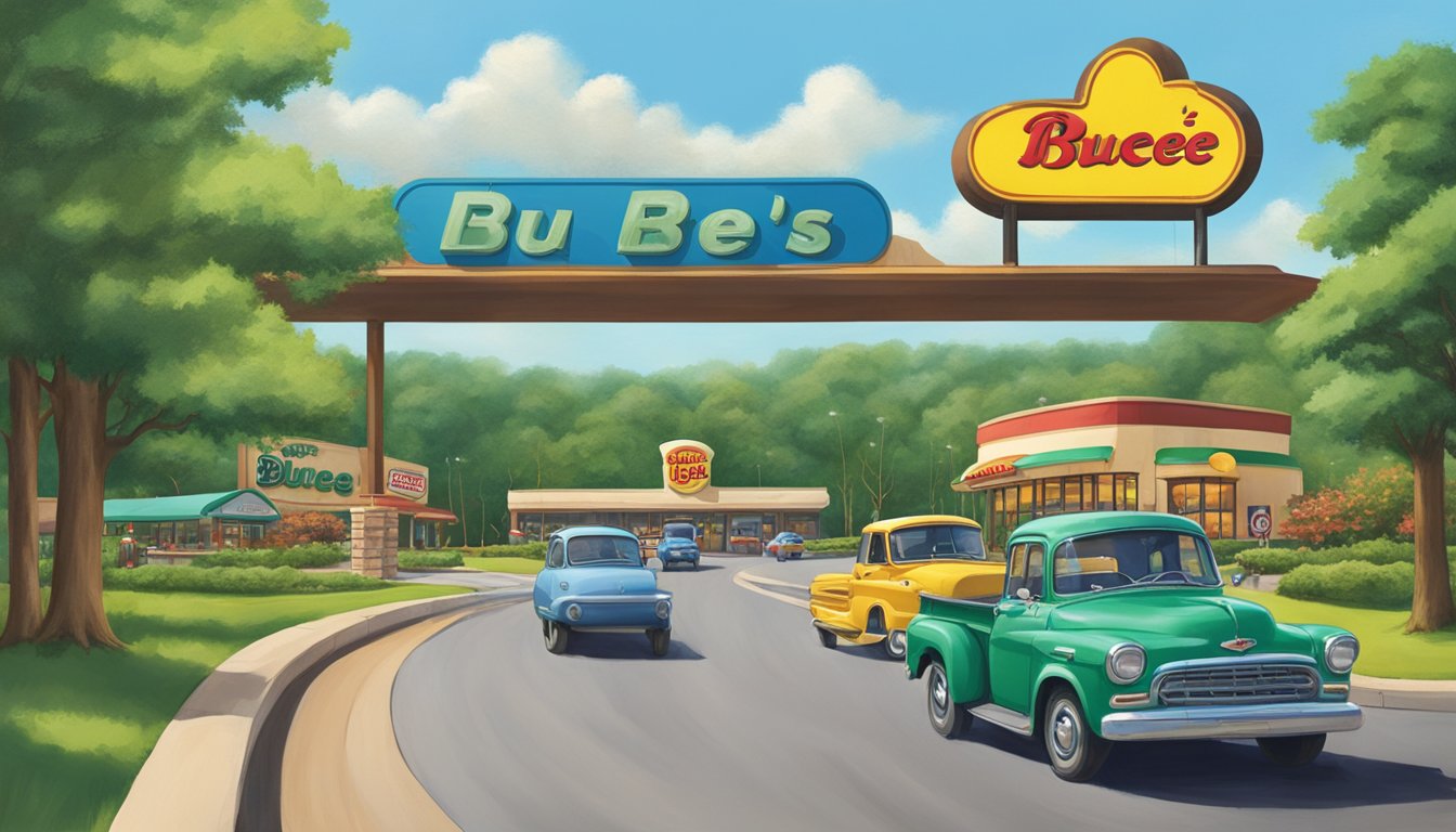 A winding road with a car driving towards a large Buc-ee's sign, surrounded by green trees and a blue sky