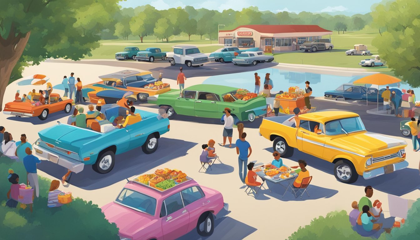 A group of cars parked at a roadside picnic area, with families playing road trip games and enjoying snacks on their way to Buc-ee's