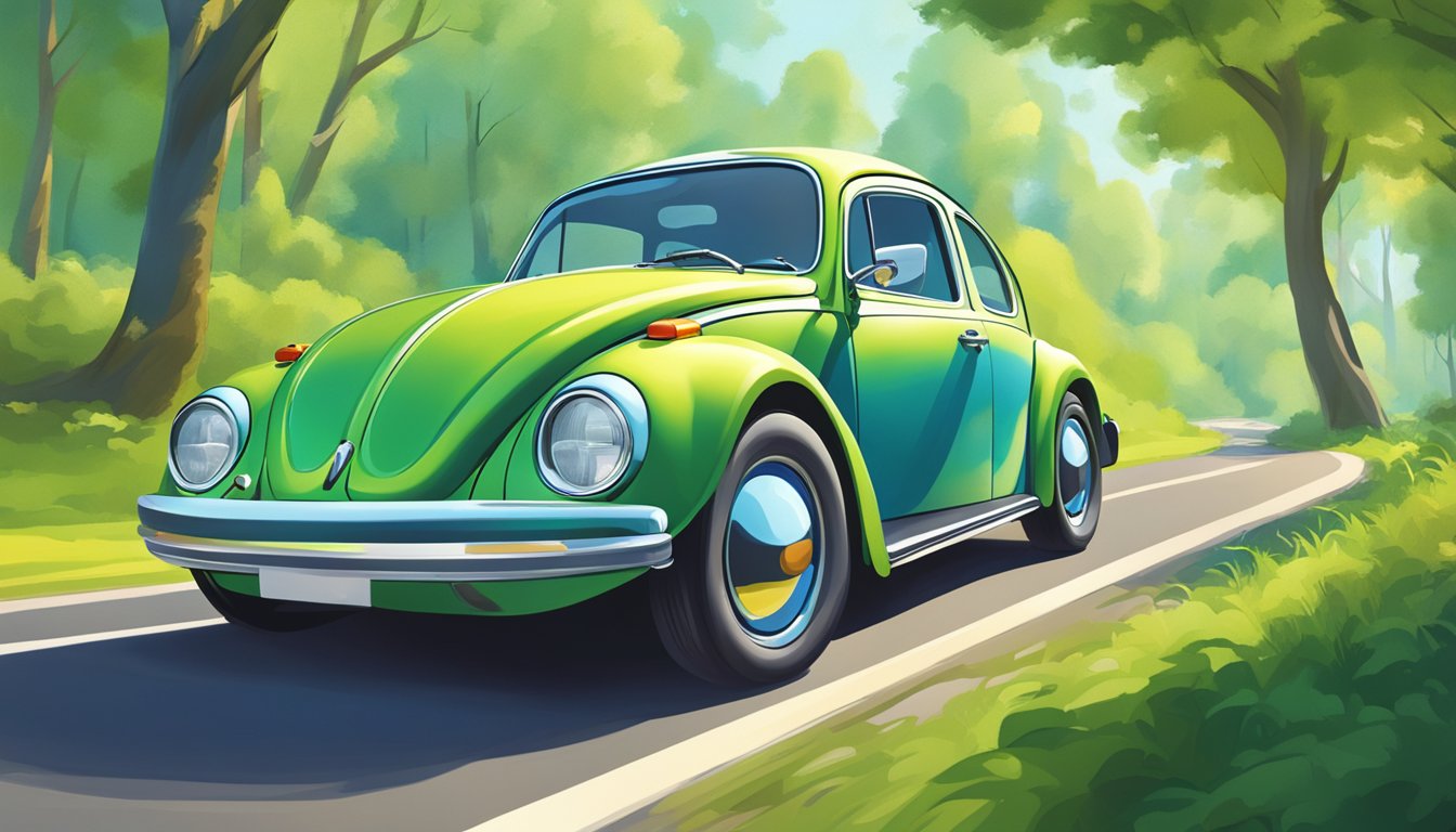 A colorful Volkswagen Beetle zooms down a winding road, surrounded by lush green trees and a bright blue sky