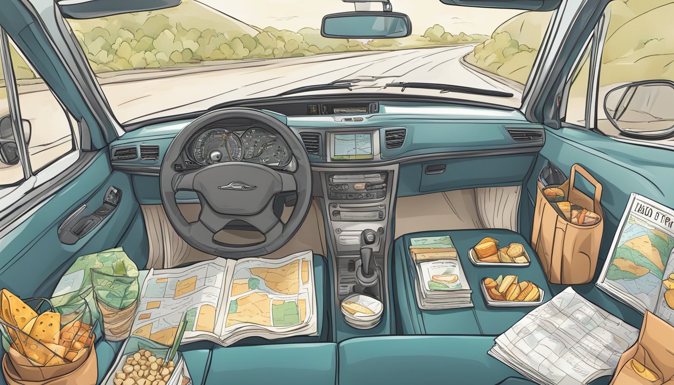 A car dashboard with a map, snacks, and a list of road trip games