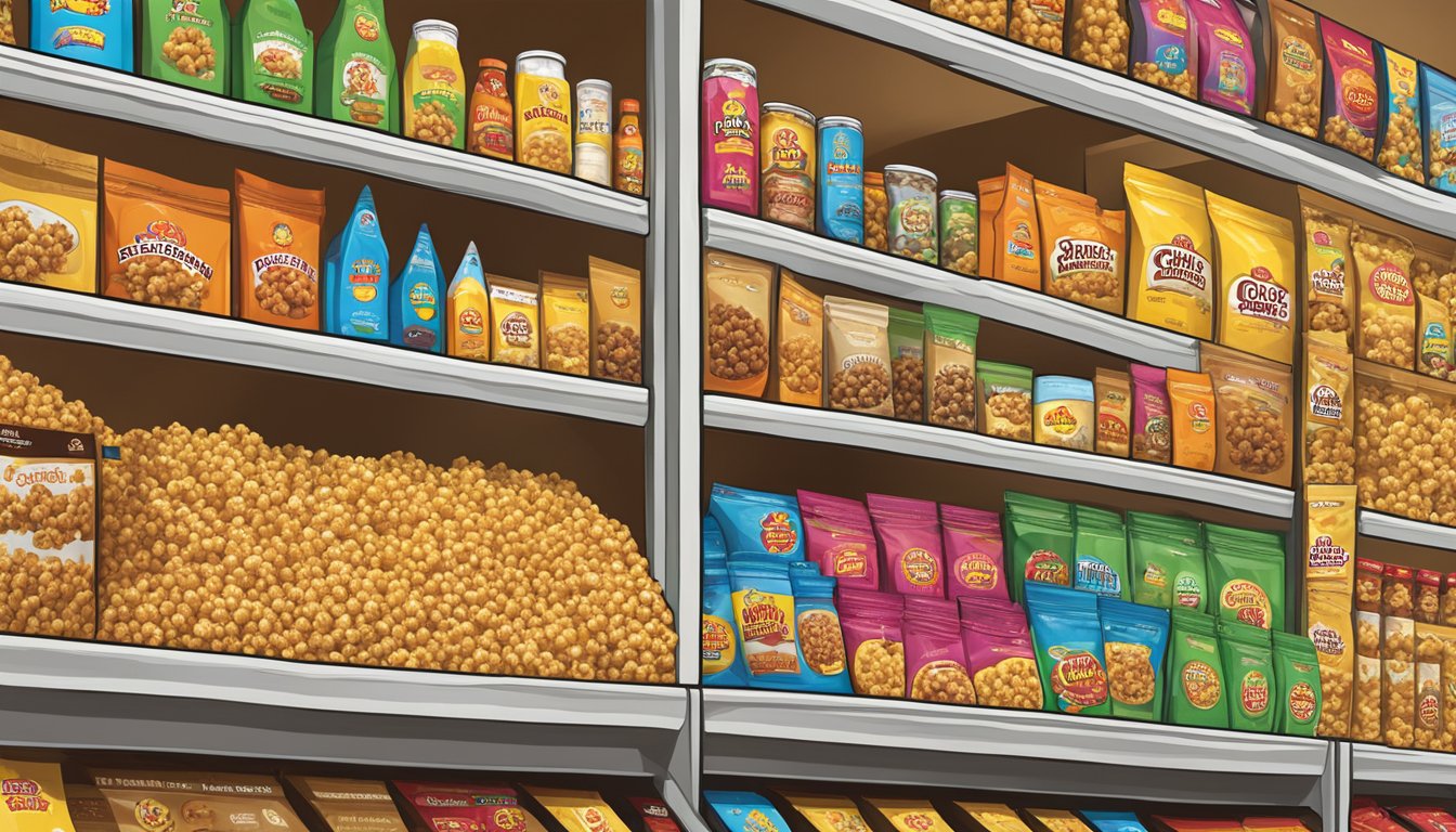 A colorful display of Buc-ee's caramel corn and other popular products, arranged neatly on shelves with the Buc-ee's logo prominently displayed