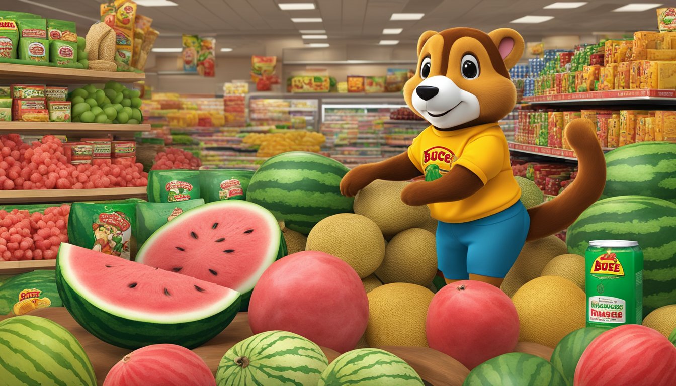 A pile of Buc-ee's watermelon slices surrounded by other popular Buc-ee's products, with the store's iconic beaver mascot in the background