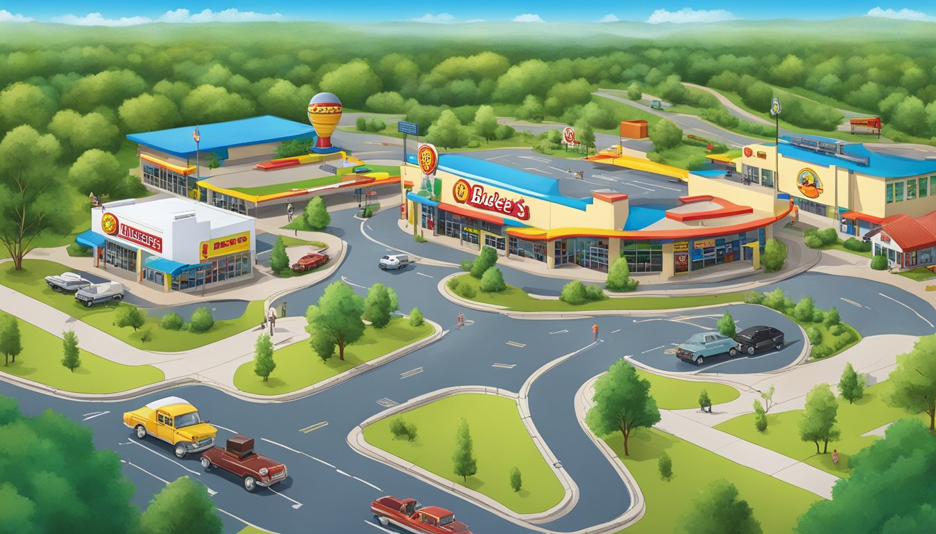 A colorful road map with various routes leading to a large Buc-ee's gas station surrounded by green trees and blue skies