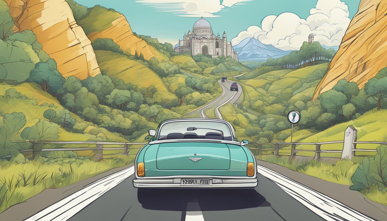 A car driving on a scenic road, passing by various landmarks and natural features, with a map and list of scavenger hunt items visible