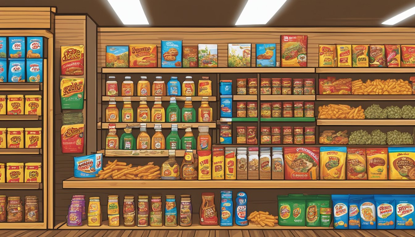 A display of Buc-ee's Sizzle Sticks and other popular products, arranged neatly on shelves with the brand's iconic beaver logo prominently featured