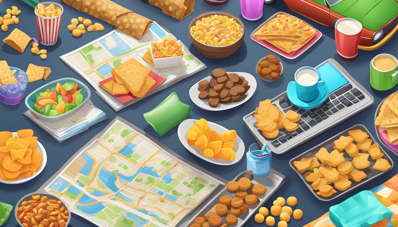 A colorful car dashboard with a map, snacks, and a variety of road trip games spread out for entertainment