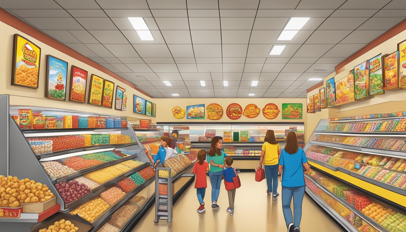 A bustling Buc-ee's store display showcasing 18 popular Hot Tots products with excited customers browsing and making purchases