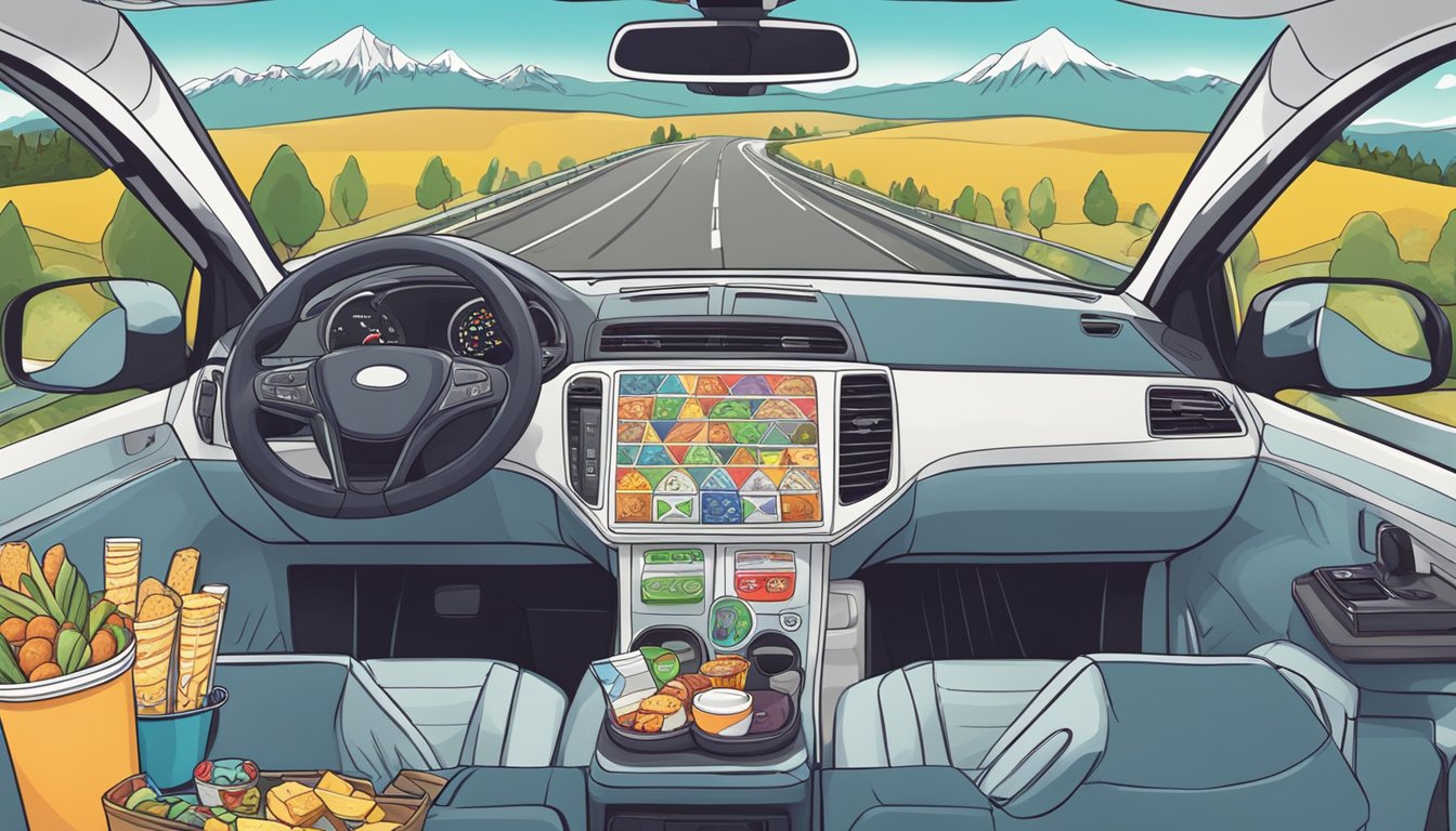 A car dashboard with a bingo card, surrounded by snacks and drinks, driving on a highway lined with trees and mountains in the distance