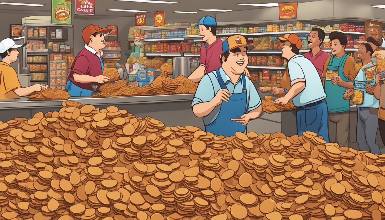 A pile of cinnamon sweet potato chips surrounded by other Buc-ee's products, with eager customers reaching for them