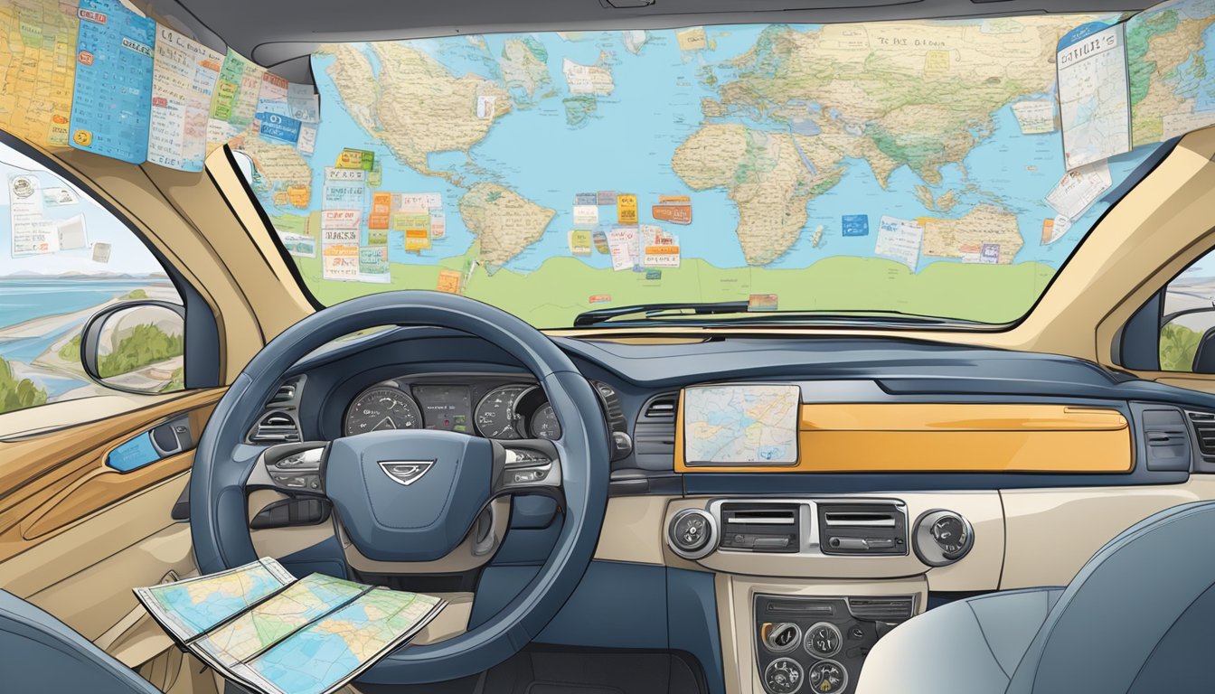 A car dashboard with a map, snacks, and a checklist of license plates from different states