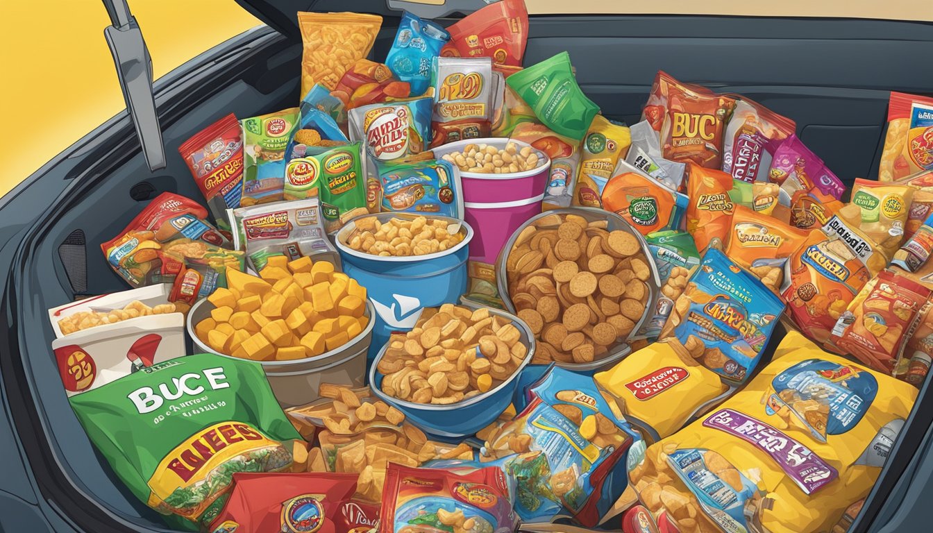 A colorful array of road trip games and snacks scattered across the backseat of a car, with a sign for Buc-ee's visible in the distance