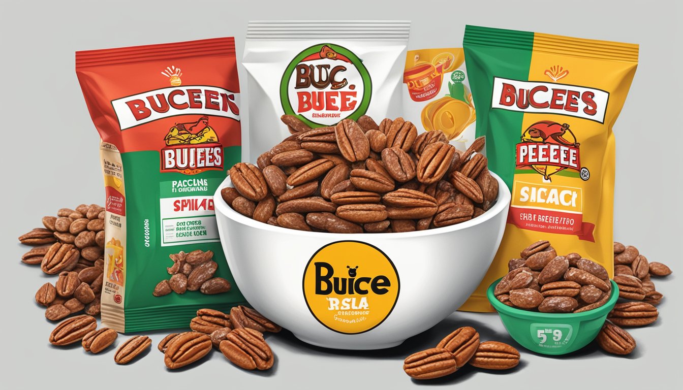 A bowl of spicy Sriracha pecans surrounded by various Buc-ee's snack packages, with a keto-friendly label