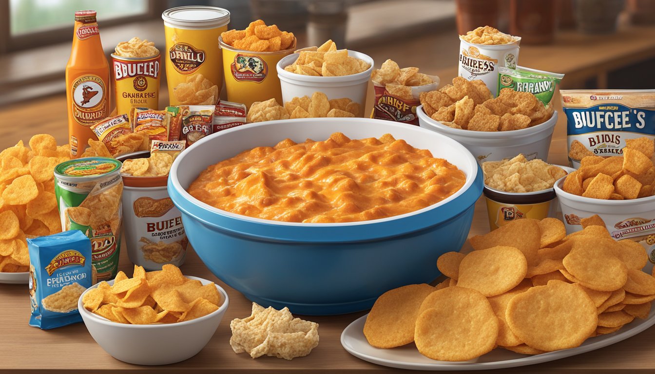 A bowl of buffalo chicken dip surrounded by pork rinds, with a variety of Buc-ee's snacks in the background