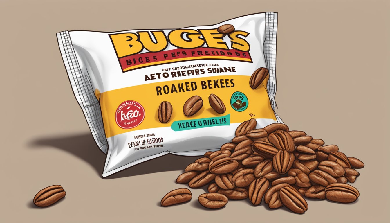 A pile of roasted pecans spilling out of a Buc-ee's snack bag, with a keto-friendly label