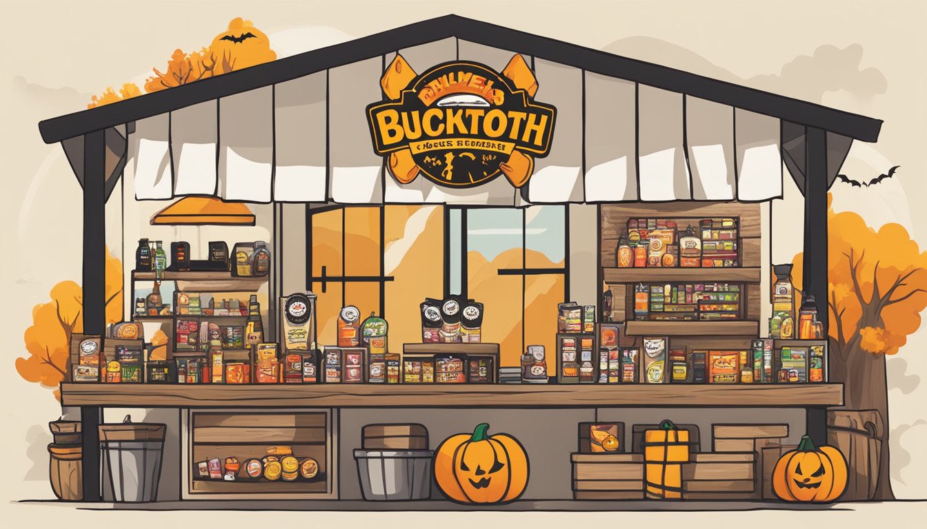 A table displays a Bucktooth Grin Makeup Kit surrounded by Halloween decorations and Buc-ee's logo-inspired props