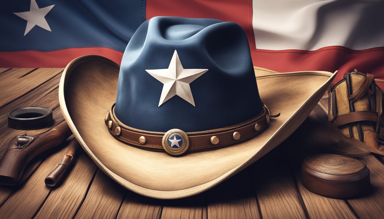 A cowboy hat with a Texas flag design sits atop a wooden table, surrounded by other costume accessories