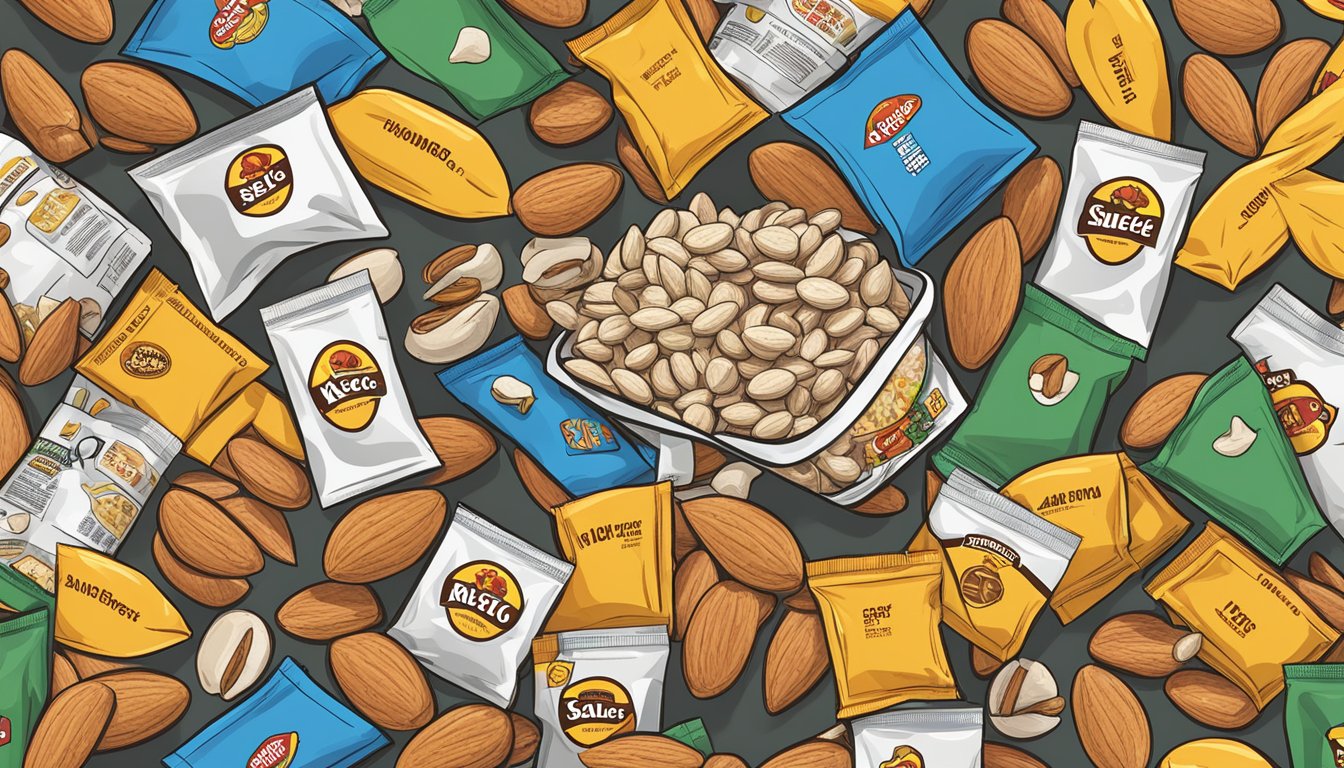 A pile of salted almonds surrounded by various Buc-ee's snack packages, with a focus on the keto-friendly branding