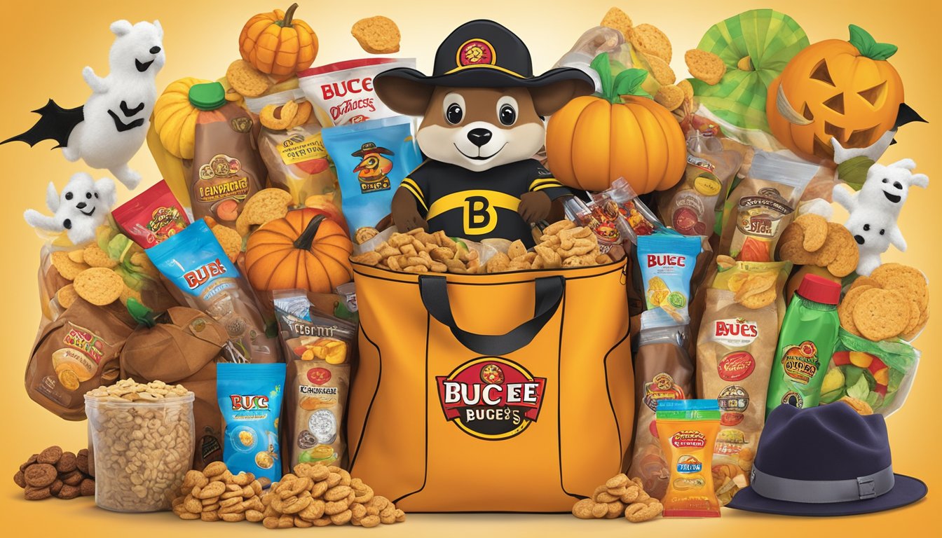 A colorful travel snacks bag with Buc-ee's logo, surrounded by Halloween costume accessories and decorations