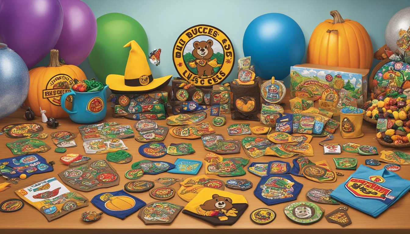 A colorful array of Buc-ee's-themed iron-on patches arranged on a table, surrounded by Halloween costume accessories and decorations