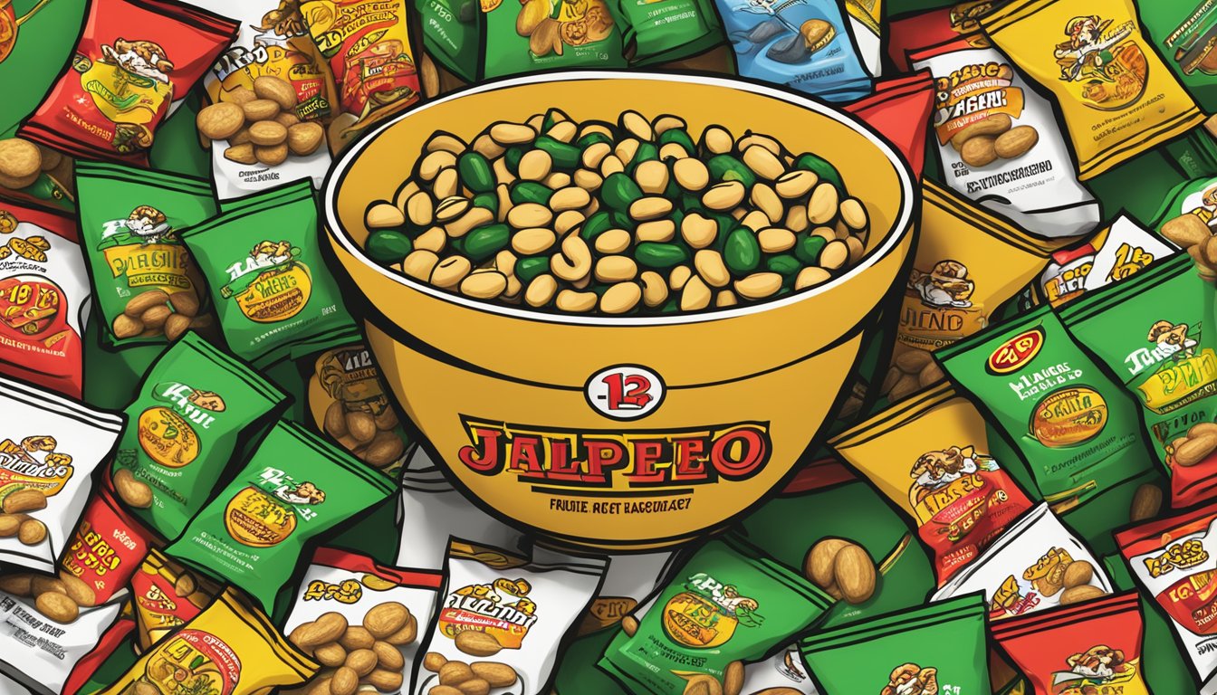 A bowl of jalapeño flavored peanuts surrounded by 14 Buc-ee's snack packages, with a keto diet logo in the background