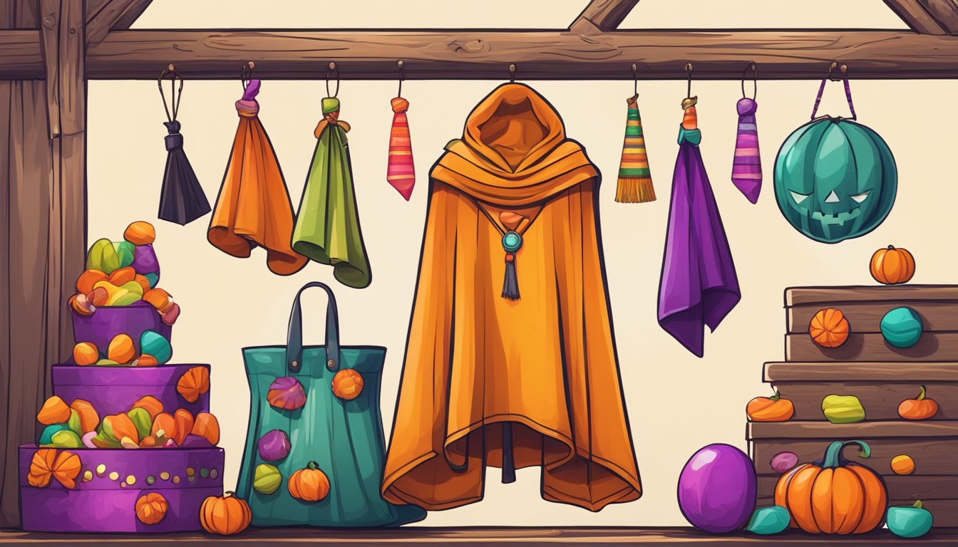 A vibrant poncho hangs on a rustic wooden coat rack, surrounded by festive Halloween decorations and candy