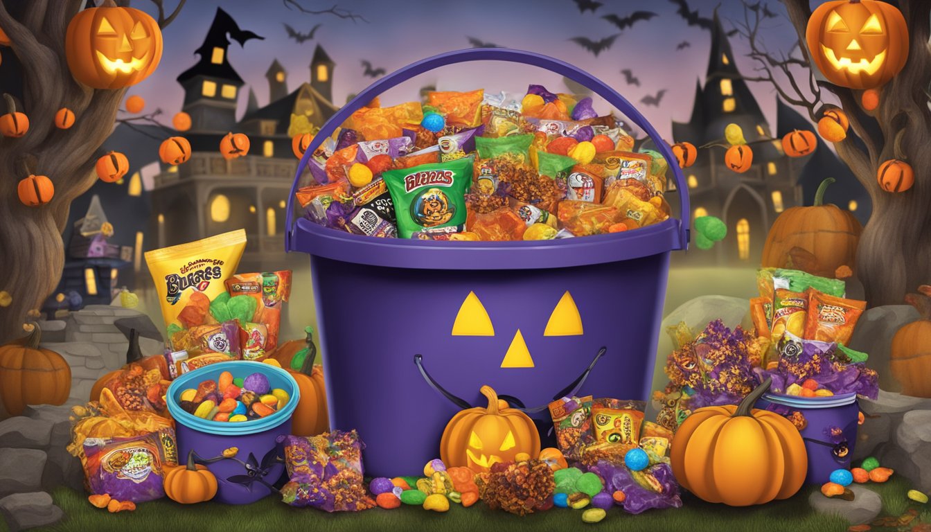 A Halloween-themed Buc-ee's bucket filled with candy and surrounded by spooky decorations