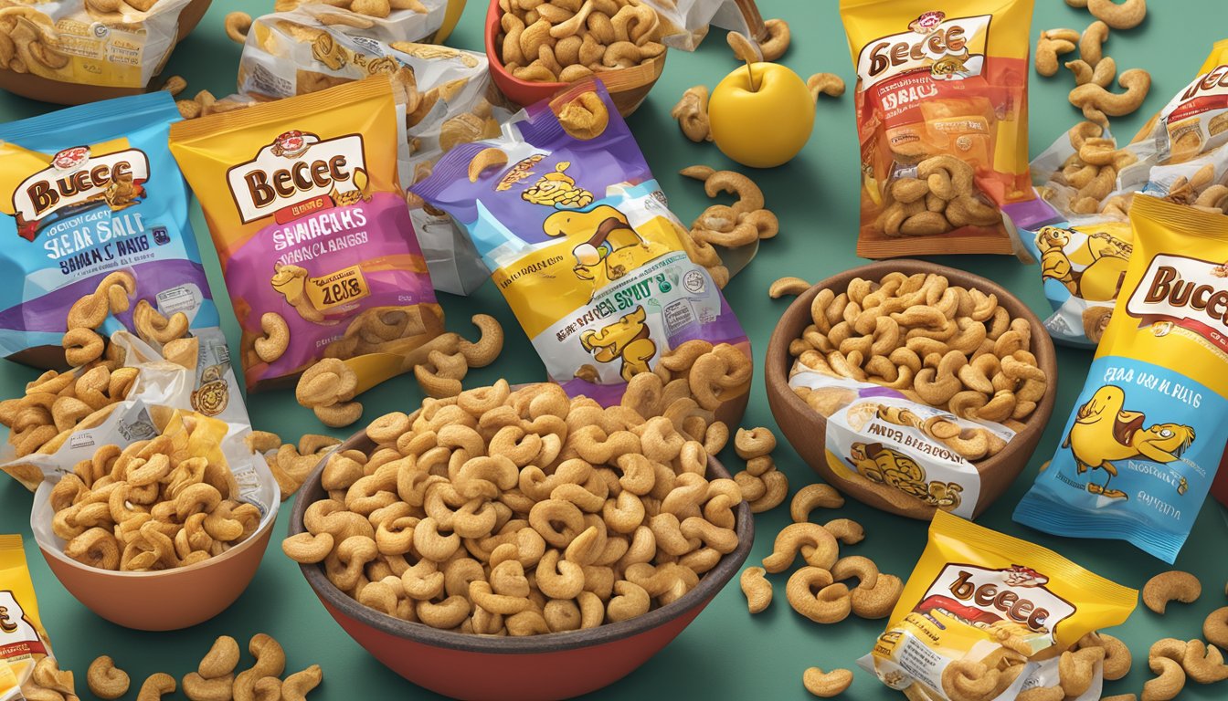 A bowl of roasted sea salt cashews surrounded by 14 Buc-ee's snack packages, perfect for keto dieters