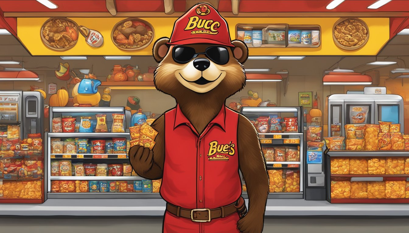 A red bandana tied around a Buc-ee's-themed Halloween costume, with elements like a beaver mascot, snacks, and a gas station backdrop