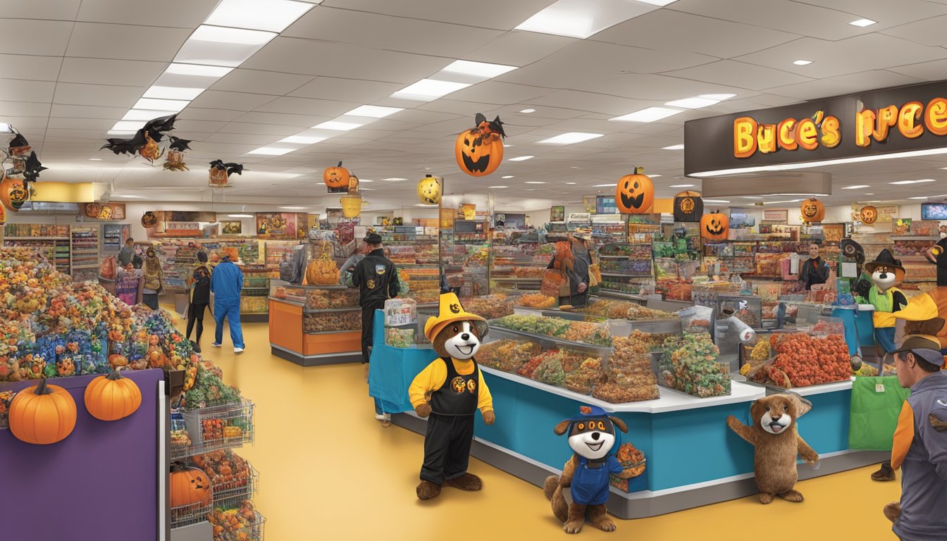 A crowded Buc-ee's store with Halloween costumes on display, featuring beaver mascot outfits and various themed accessories