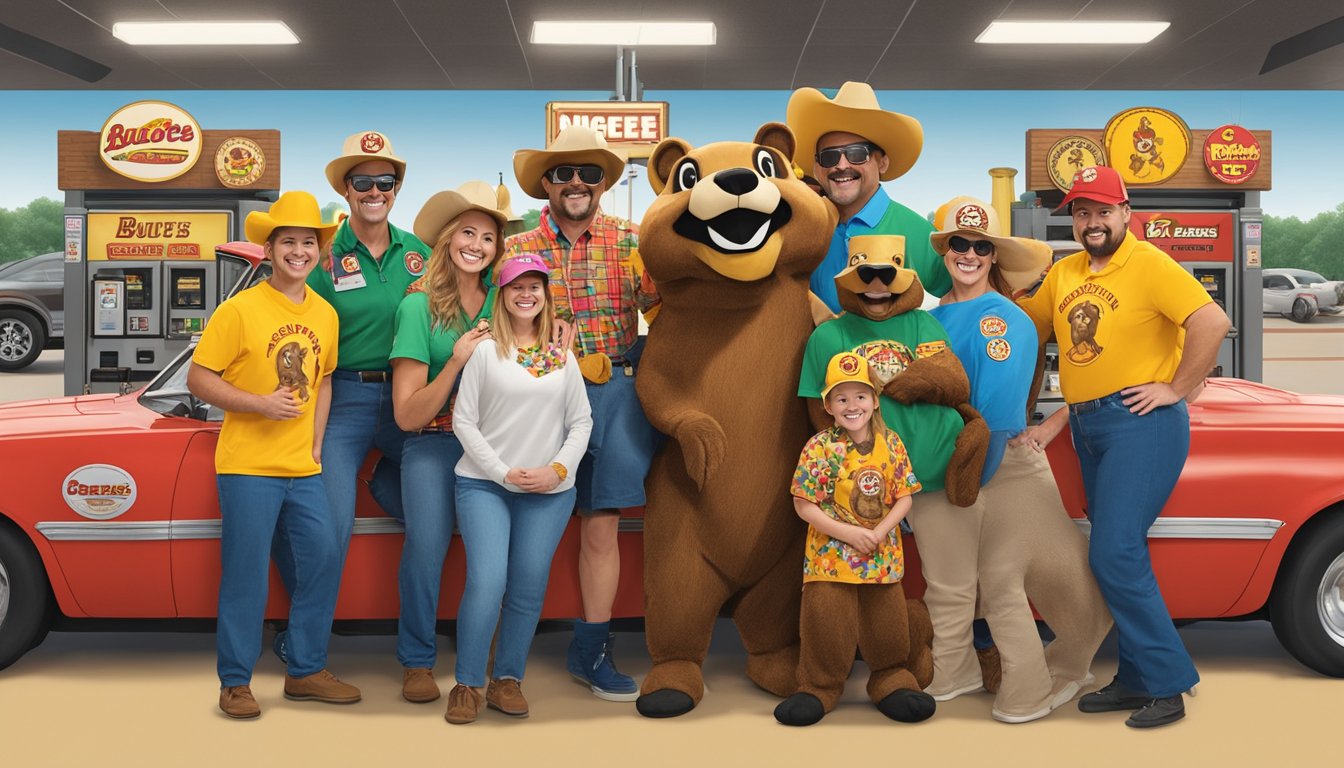 A group of people in Buc-ee's-themed costumes posing in front of the iconic beaver mascot statue at a Buc-ee's gas station