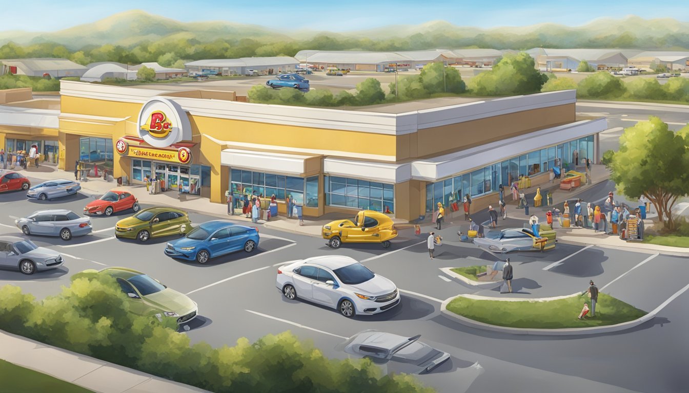 A bustling Buc-ee's rest stop with a line of gleaming, spacious restrooms, surrounded by a sea of parked cars and busy travelers