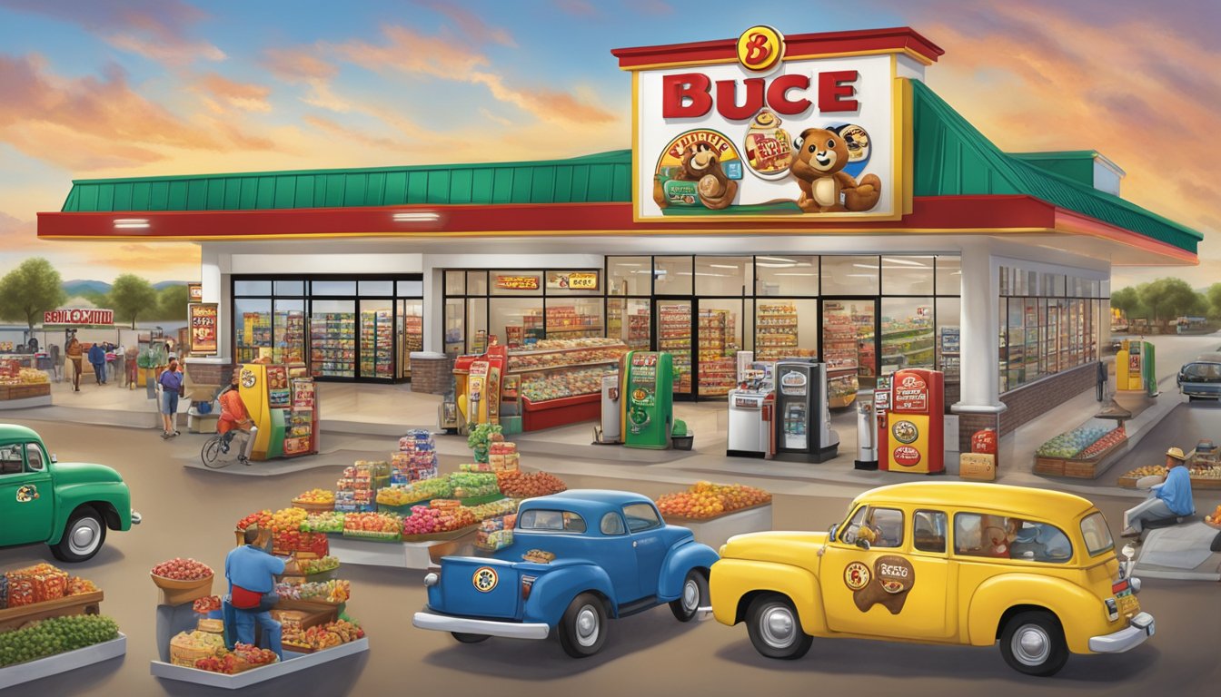 A bustling Buc-ee's store with iconic beaver mascot, gas pumps, snacks, and merchandise, surrounded by a 24-hour open sign