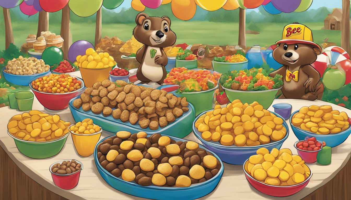 A colorful buffet table with a variety of Buc-ee's Beaver Nuggets in different flavors, surrounded by Buc-ee's themed decorations and party supplies