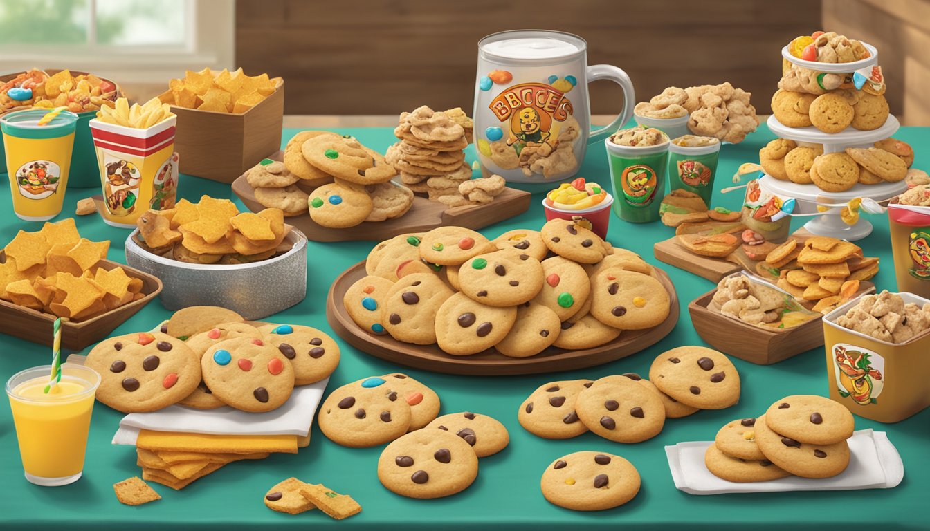 A table set with a batch of Buc-ee's logo cookies surrounded by party decorations and themed snacks