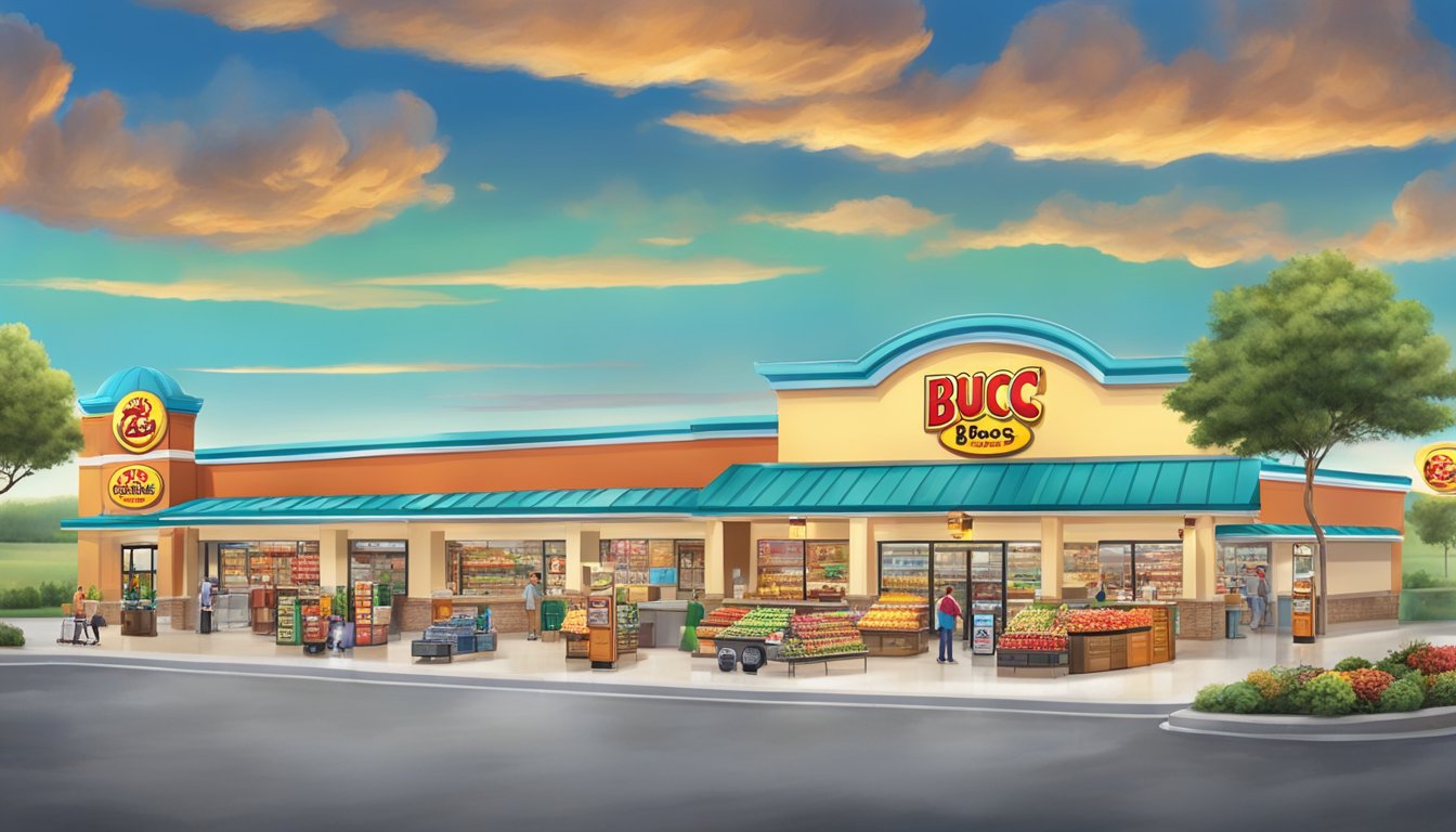 A busy Buc-ee's store with colorful signage, gas pumps, and a variety of fresh food options displayed in the foreground