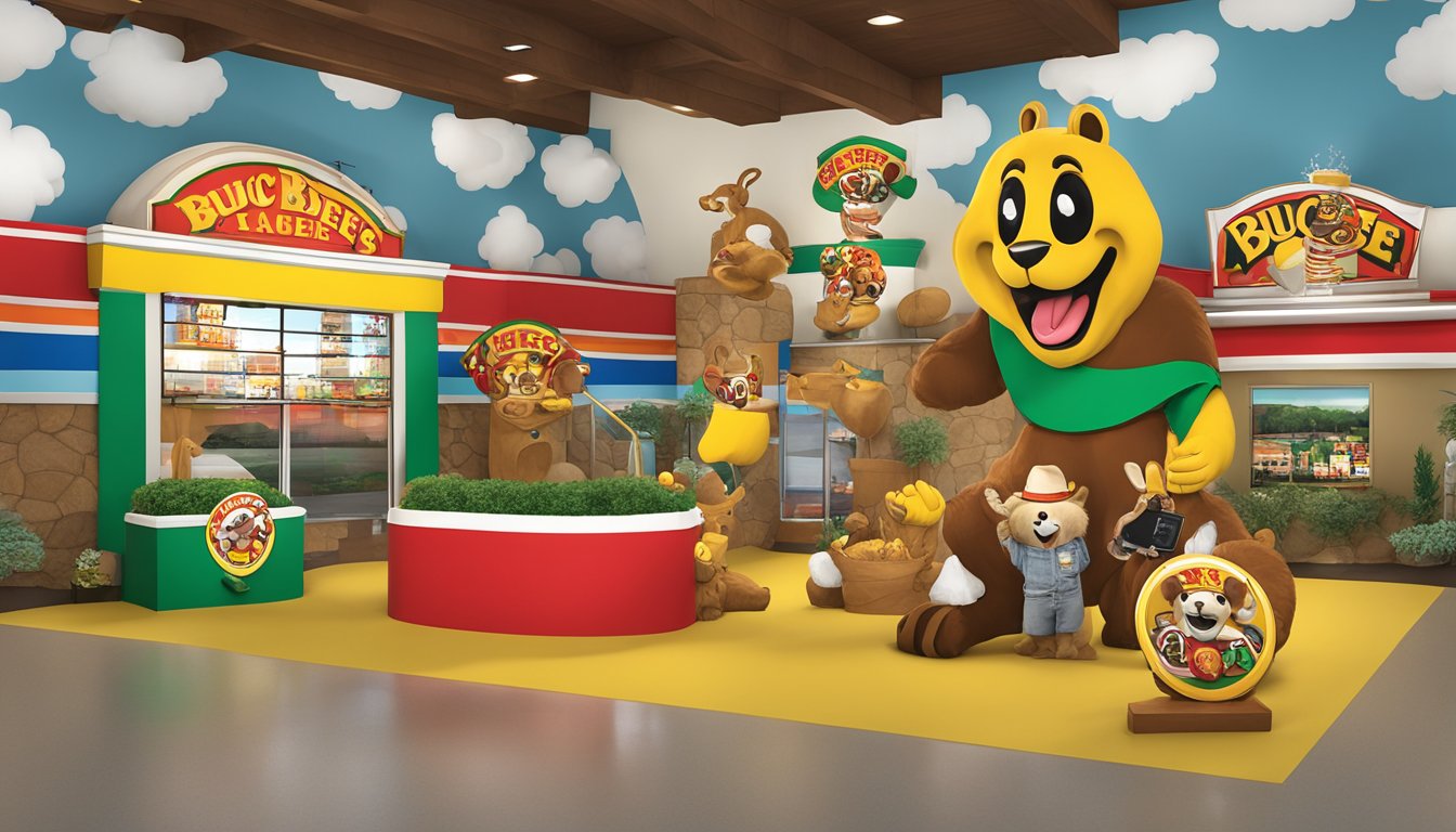 A colorful Buc-ee's-themed photo booth with oversized mascot statues, Texas-themed props, and a backdrop featuring the iconic Buc-ee's logo