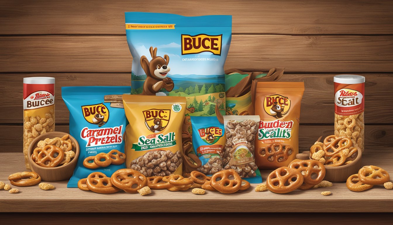 A large bag of Buc-ee's Sea Salt Caramel Pretzels surrounded by other Buc-ee's products, arranged on a rustic wooden table