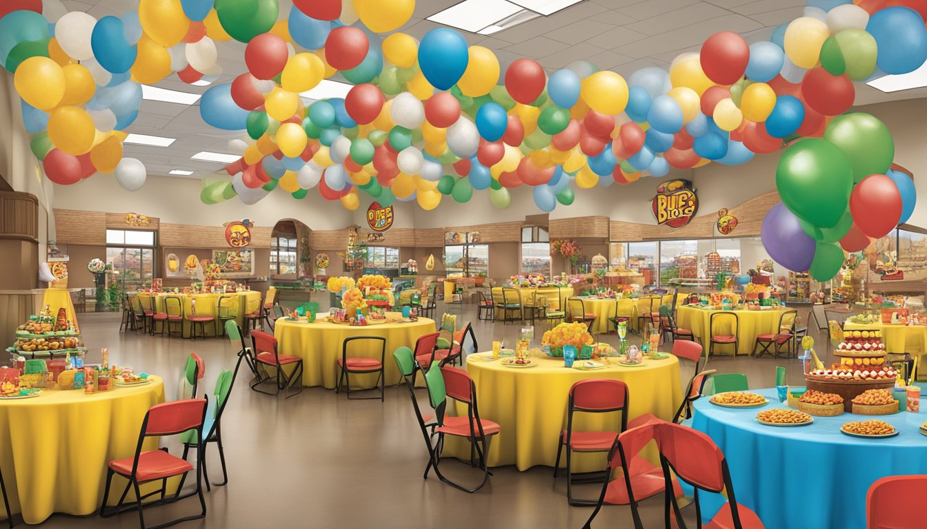 A large Buc-ee's logo balloon decor surrounded by Buc-ee's-themed party decorations, including snacks, drinks, and party favors