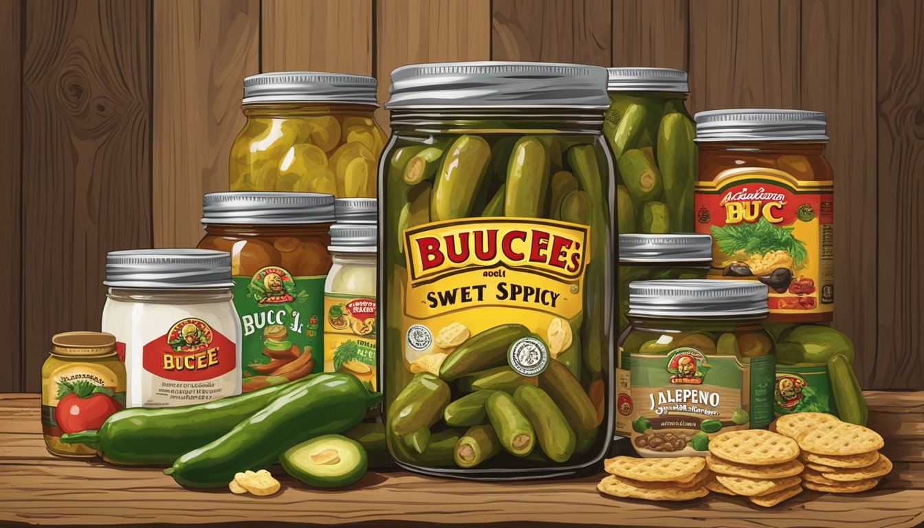 A jar of Buc-ee's Sweet & Spicy Jalapeño Pickles surrounded by other Buc-ee's products, such as snacks and merchandise, arranged on a rustic wooden table