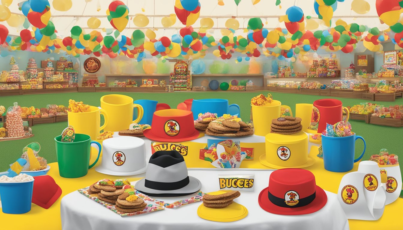 A table filled with Buc-ee's branded party favors, including hats, cups, and toys. A banner with the Buc-ee's logo hangs in the background