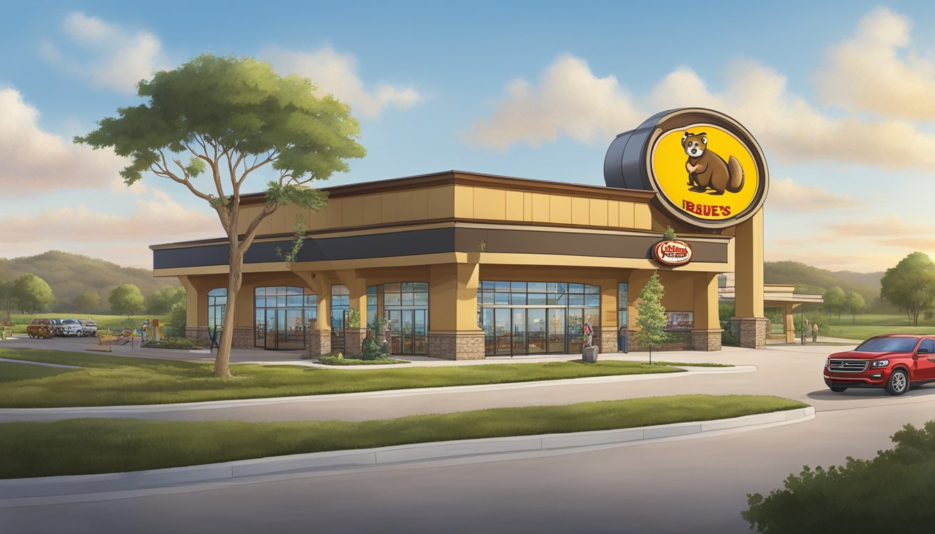 The iconic Buc-ee's beaver mascot stands proudly in front of a sprawling Texas landscape, with the store's massive sign towering above the surrounding trees