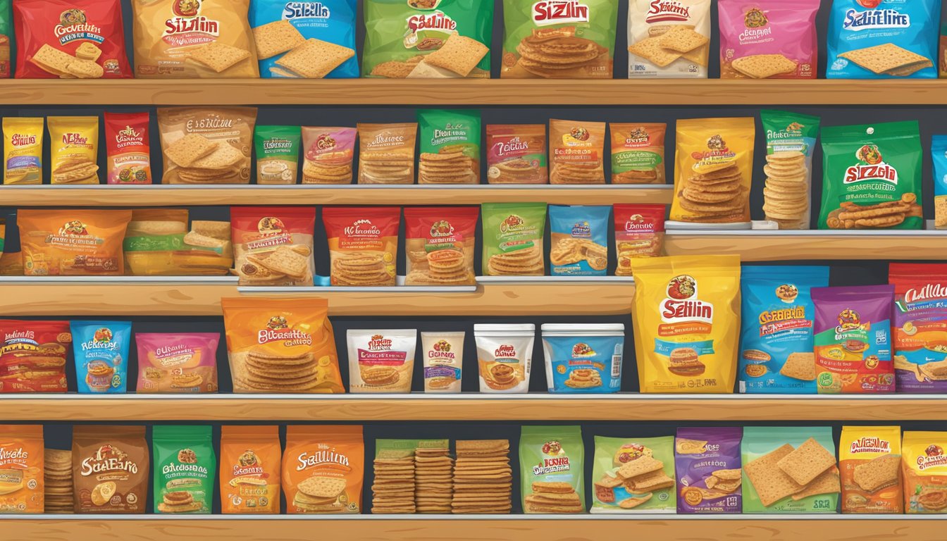 A display of Buc-ee's Sizzlin' Saltines and other products arranged on a shelf with colorful packaging