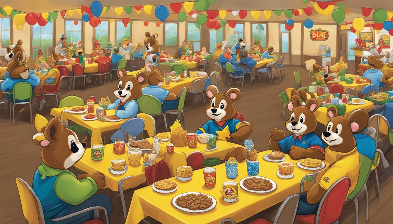 A lively party scene with Buc-ee's-themed decorations, including beaver mascots, Texas flags, and colorful signage. Tables are adorned with Buc-ee's logo tablecloths and centerpieces