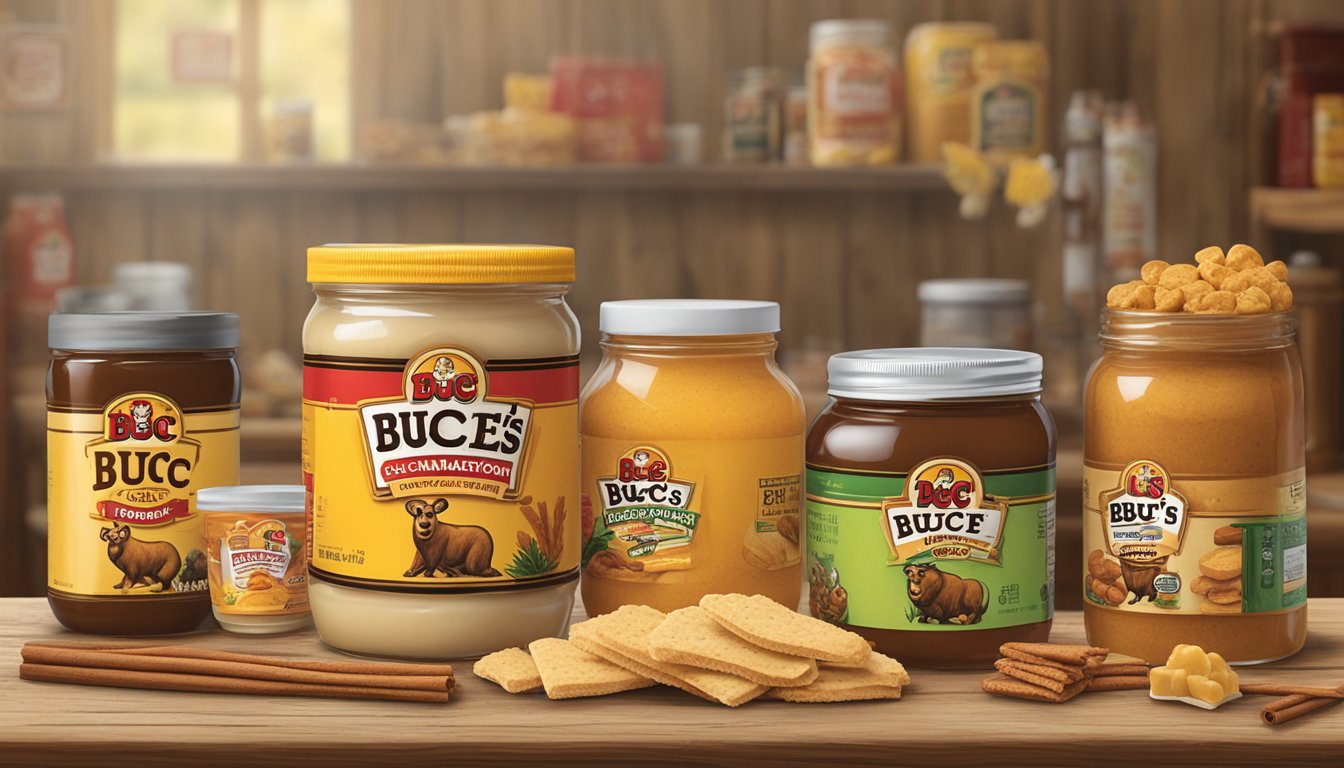 A jar of Buc-ee's Cinnamon Honey Butter surrounded by other Buc-ee's products, such as snacks and merchandise, arranged on a rustic wooden table