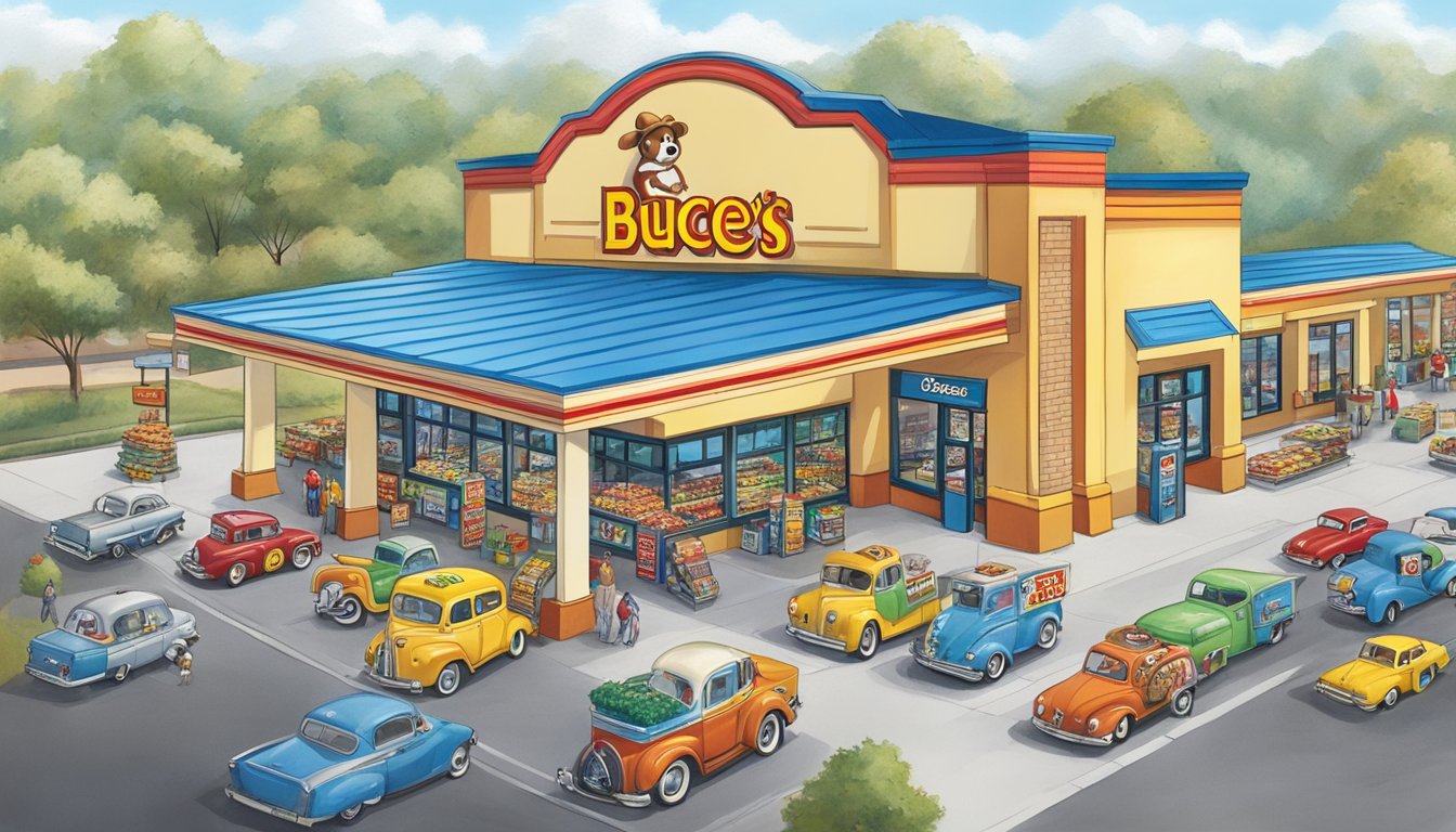 A bustling Buc-ee's store with iconic beaver mascot, gas pumps, snacks, and merchandise. Customers coming and going, cars filling the parking lot