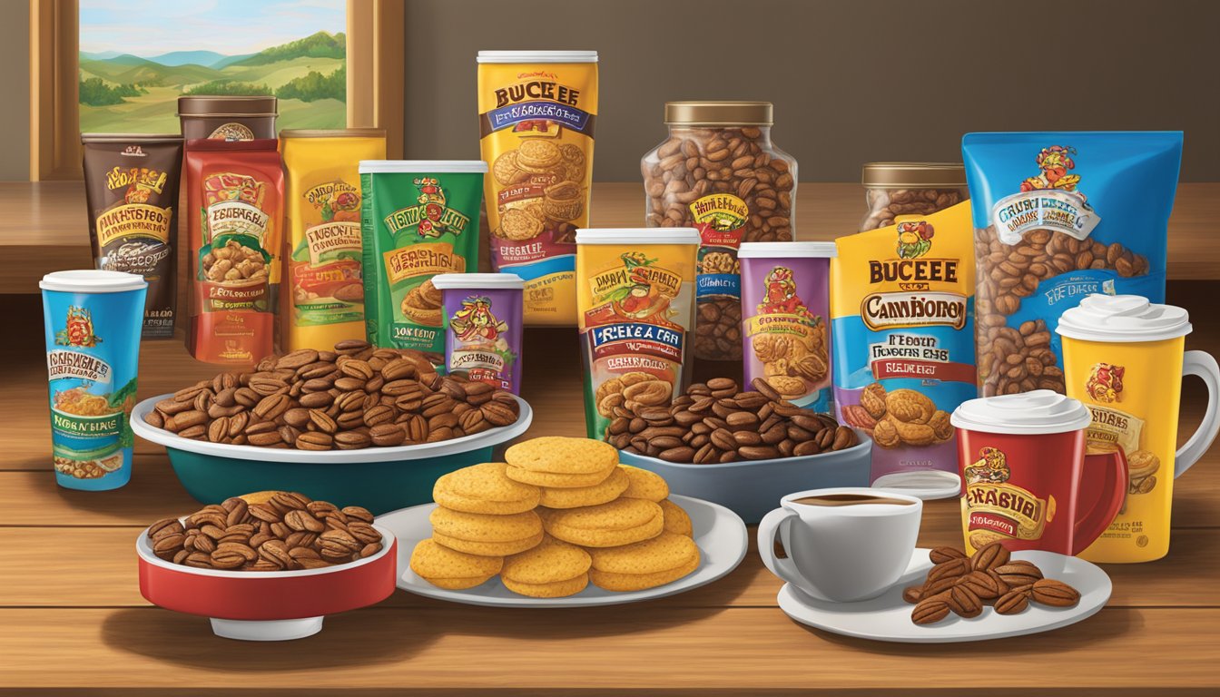 A table with various Buc-ee's products, including Hill Country Pecan Coffee, arranged for display