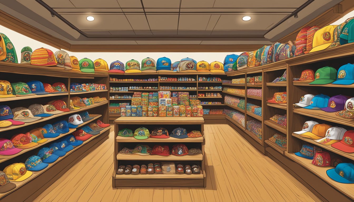 A colorful display of Buc-ee's branded merchandise, including t-shirts, hats, and other souvenirs, arranged neatly on shelves with the iconic beaver logo prominently featured