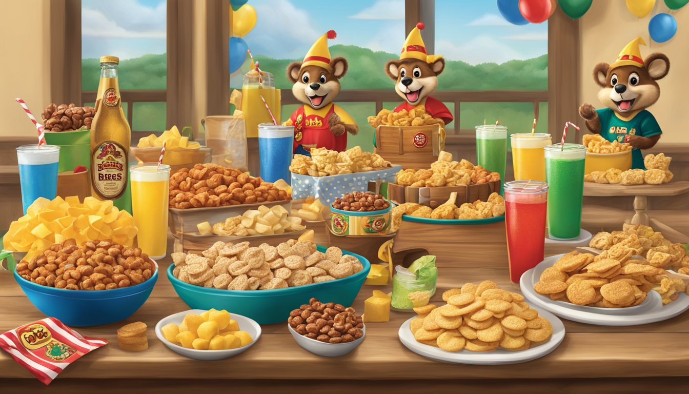 A festive table filled with Buc-ee's themed snacks, drinks, and decorations for a lively party atmosphere